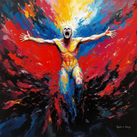 A vibrant abstract painting features a figure with outstretched arms, expressing intense emotion against a striking backdrop of red, blue, and yellow, reflecting the quote You win or you die.