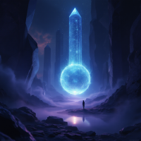 A lone figure stands before a towering, glowing blue obelisk emitting ethereal light, surrounded by a dark, misty cavern, evoking a contrast between cold intelligence and human warmth.