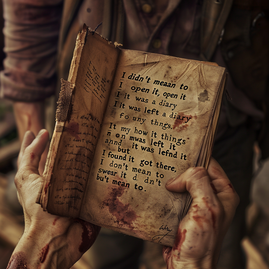 A person holds an old, bloodstained diary with a distressed note: I didn't mean to open it, Harry. It was a diary and it was left in my things. I found it. I swear I didn't mean to.