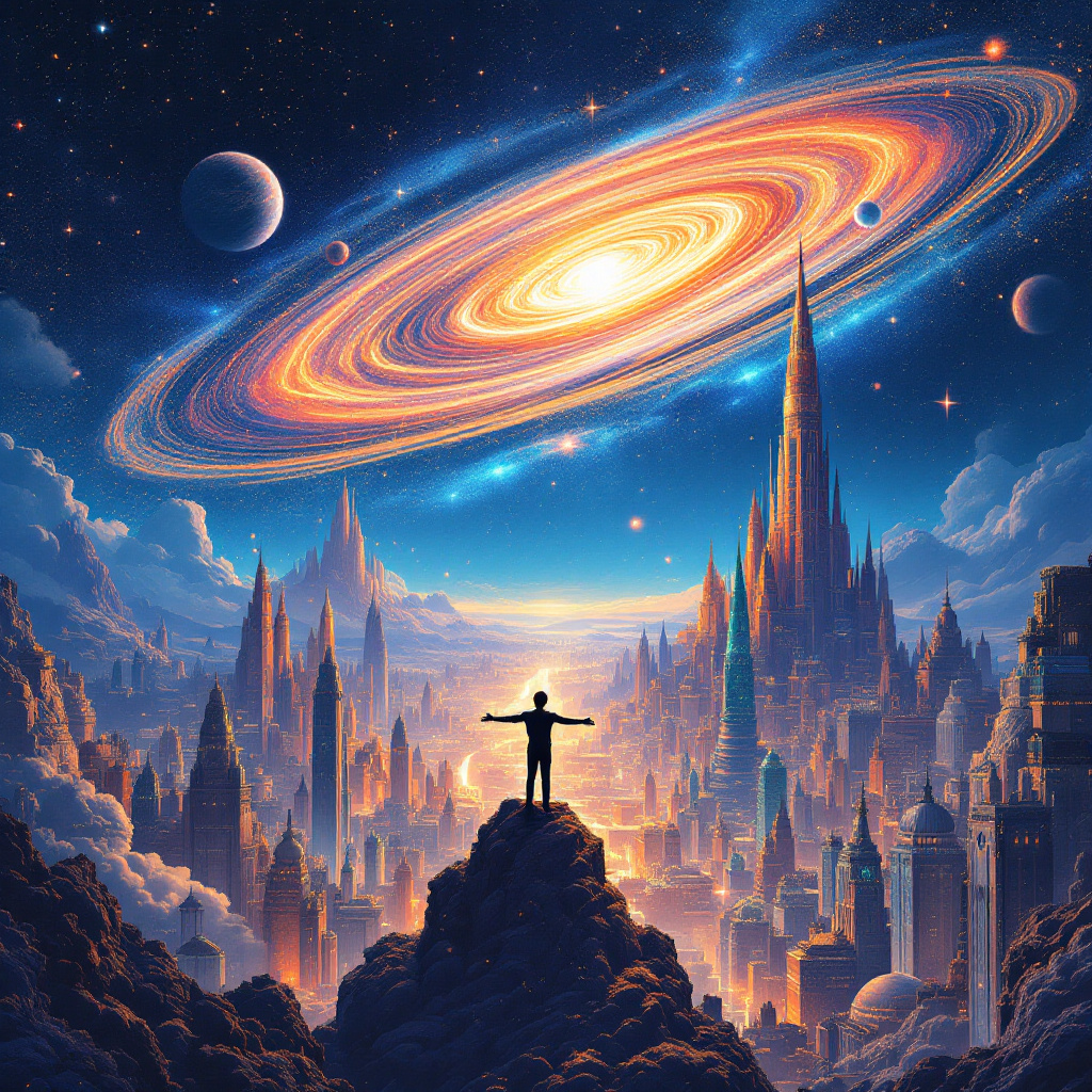 A silhouetted figure stands on a mountain, gazing at a vibrant galaxy above, while a futuristic cityscape emerges below, embodying the theme of building dreams from the past.