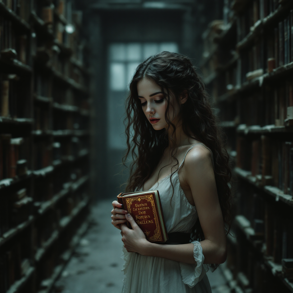 A young woman in a flowing dress stands in a dimly lit library, holding a vintage book close. Rows of dusty bookshelves surround her, evoking themes of memory and truth.