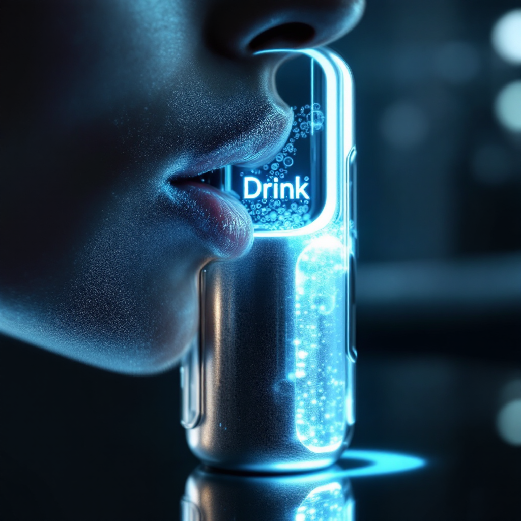 A futuristic drink device glows blue with the label Drink as a person prepares to sip, hinting at its complex analysis of taste and metabolism before delivering a peculiar liquid.