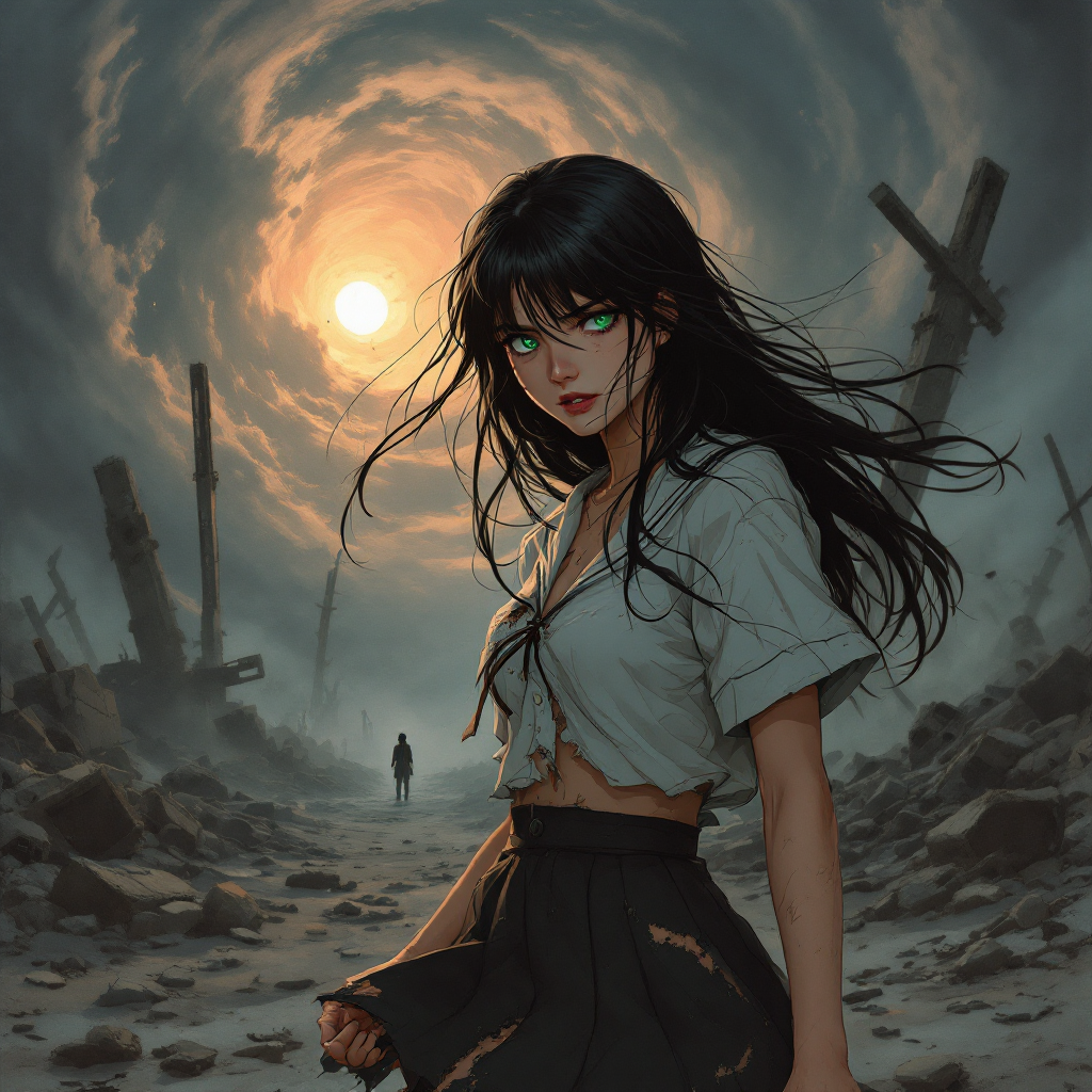 A somber young woman stands in a desolate landscape, windswept hair framing her face, as a distant figure looms, capturing the tension of love and danger amidst an ominous setting.