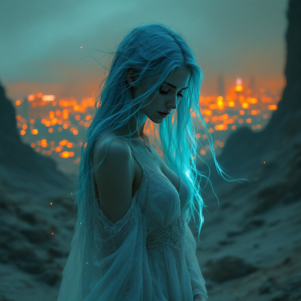 A serene figure with flowing blue hair stands amidst a dark, ethereal landscape, illuminated by a distant glowing city, embodying the quote about delusion in the digital age.