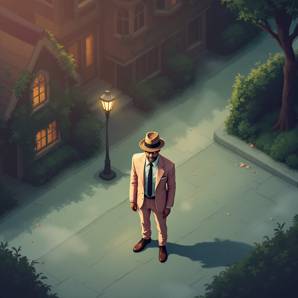 A well-dressed man in a light suit and hat stands alone on a deserted street at night, illuminated by a streetlamp, evoking the idea that evil often conceals itself behind charm.