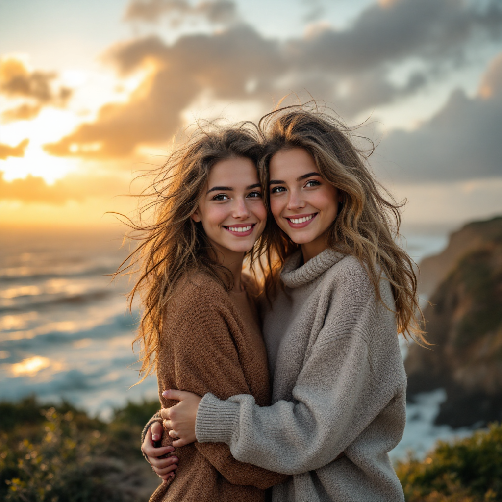 Two young women embrace warmly on a cliffside at sunset, their smiles reflecting a deep bond, embodying the idea that friendship can withstand even the fiercest storms.