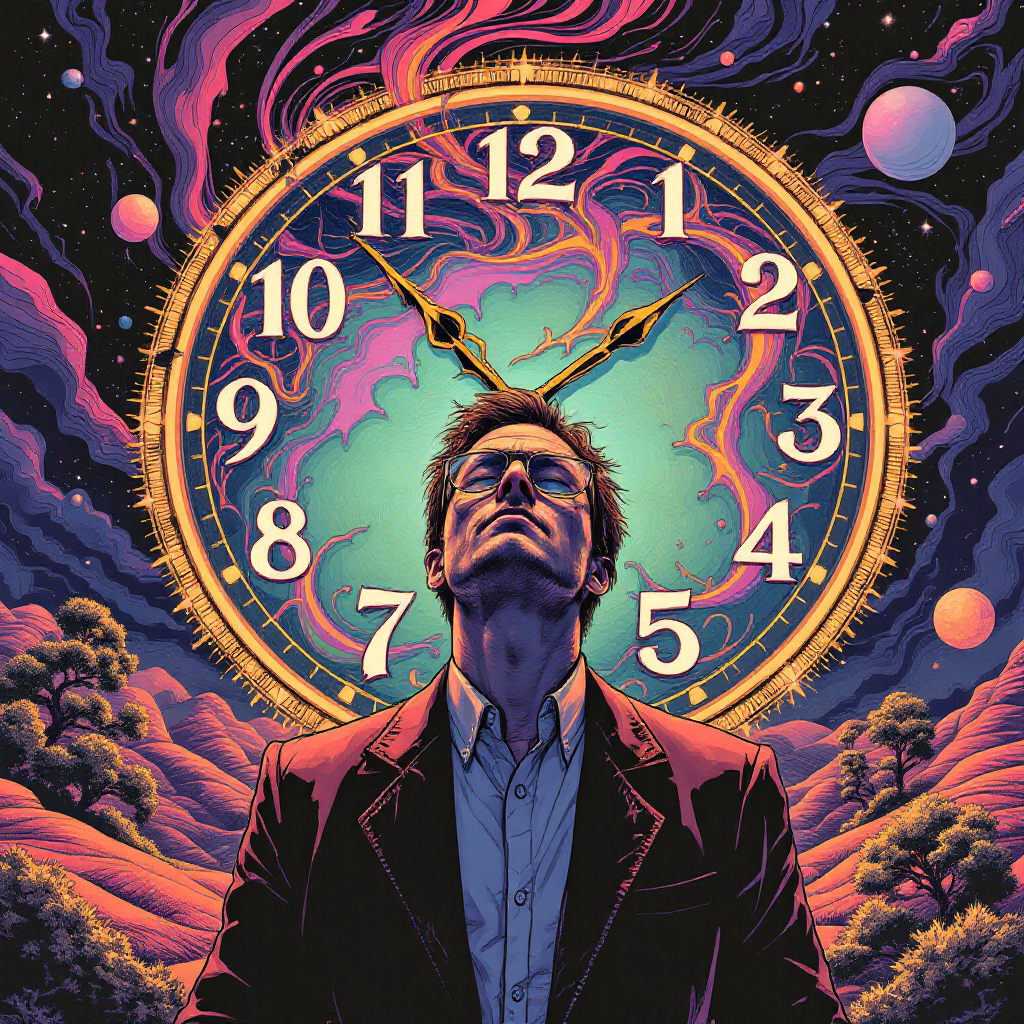 A man stands thoughtfully before a large, colorful clock, surrounded by cosmic swirls and planets, symbolizing the impact of choices on time and destiny.