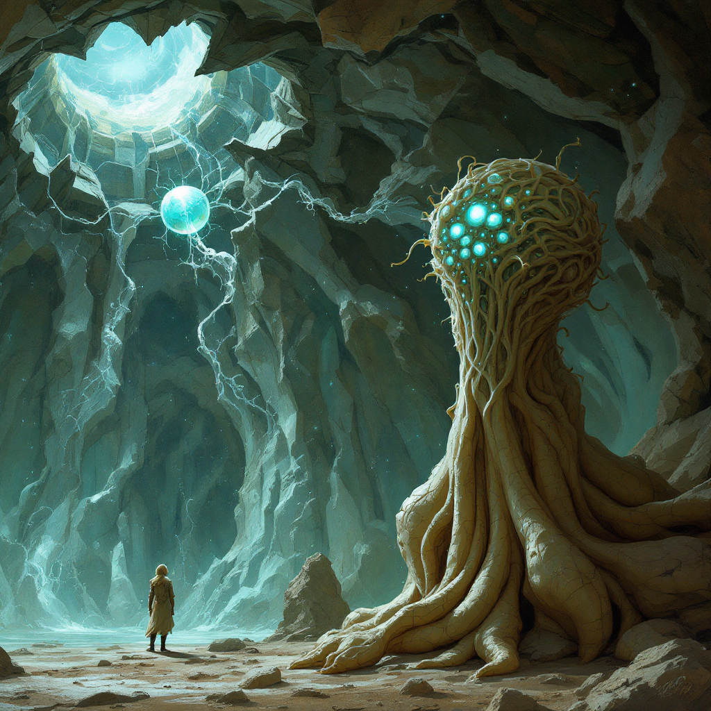 A figure stands before a towering, organic structure in a cave illuminated by glowing orbs and vibrant light, evoking the theme of unseen controlling intelligences from the quote.