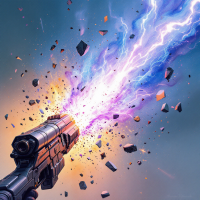 A futuristic blaster fires vibrant plasma, scattering shards of metal and debris against a vivid backdrop, capturing the explosive energy of the moment.