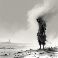 A solitary figure cloaked in tattered garments stands in a desolate landscape, embodying the struggle between survival and moral choices, shrouded in a haze of uncertainty.