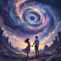 A couple holds hands, gazing at a swirling galaxy above ruins, symbolizing connection amid the vast, uncaring universe, reflecting on the importance of love and companionship.