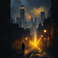 A shadowy figure stands on a deserted street, illuminated by glowing streetlights, set against a misty skyline of towering skyscrapers, evoking the haunting memories of a troubled past.