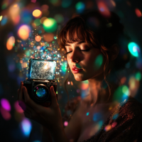 A woman with closed eyes holds a camera that emits sparkling light, surrounded by colorful bokeh. The scene evokes a sense of possibility and wonder.