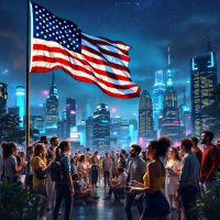 A diverse group of people gathers in a vibrant cityscape under a large American flag, symbolizing the values and beliefs that define America beyond its government.