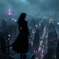 A figure in a dark coat stands on a rooftop, gazing over a sweeping cityscape at night. The moody skyline reflects themes of voice and agency from the quote.