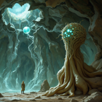 A figure stands before a towering, organic structure in a cave illuminated by glowing orbs and vibrant light, evoking the theme of unseen controlling intelligences from the quote.