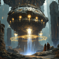 A massive, battleship-like vehicle oriented vertically, ringed with glowing lens-shaped neutronic charges, hovers amid towering rocky pillars as two figures observe below.