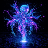 A glowing, otherworldly octopus-like entity with a radiant skull, pulsating with electric blue and purple energy, symbolizing a hostile, ideatic force beyond human cognition.
