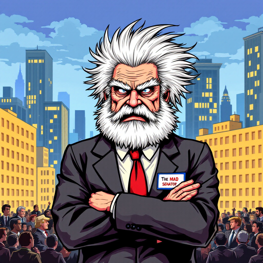 An elderly man with wild white hair and a bushy beard stands confidently in a suit, arms crossed, against a backdrop of a bustling city and crowd, embodying the essence of The Mad Senator.