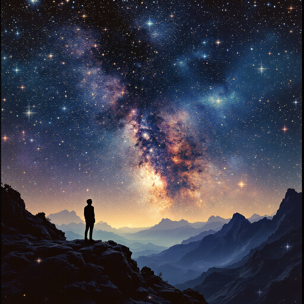 A silhouette of a person stands on a rocky outcrop, gazing up at a vibrant night sky filled with stars and vivid colors, embodying the quote about dreams illuminating the universe.