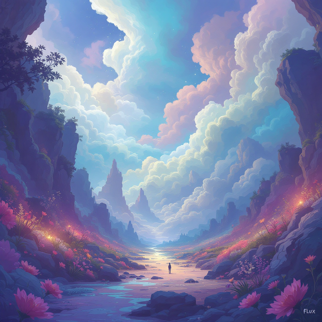 A serene landscape unfolds, with vibrant flowers and majestic mountains under a colorful sky. A figure walks along a path, symbolizing personal growth and transformation.