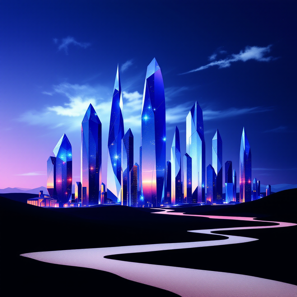 A vibrant crystal city stands against a twilight sky, reflecting hues of blue and purple, symbolizing transformation in perspective as highlighted in the quote about viewing the world anew.