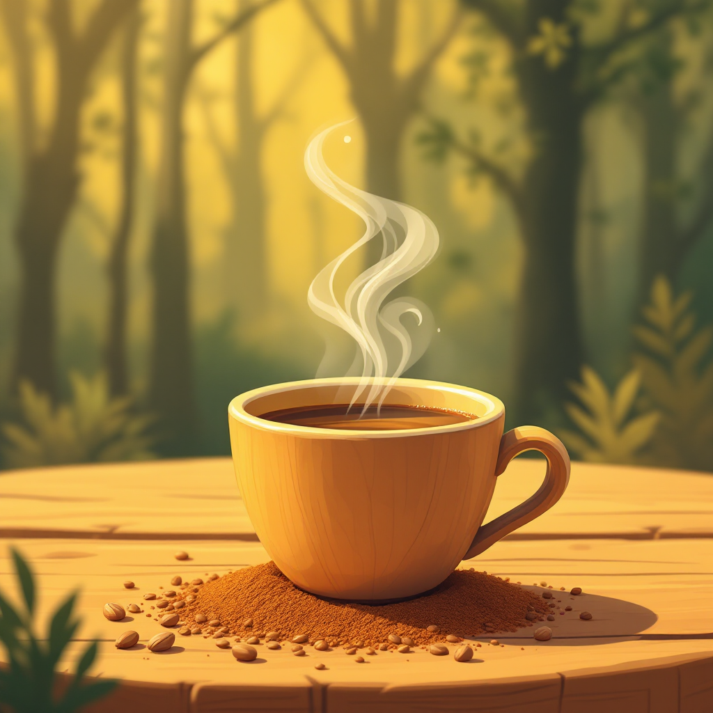 A steaming cup of clee sits on a wooden table surrounded by a lush forest backdrop, with ground worldtree seeds scattered nearby, evoking a serene, enchanting atmosphere.