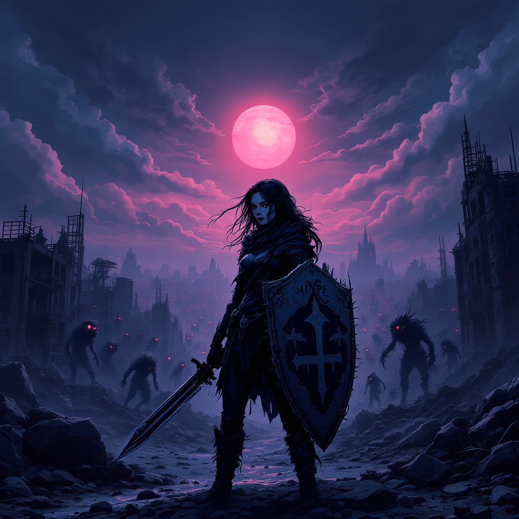 A lone warrior stands in a desolate landscape, illuminated by a large pink moon, facing shadowy monsters, embodying the struggle between darkness and hope.