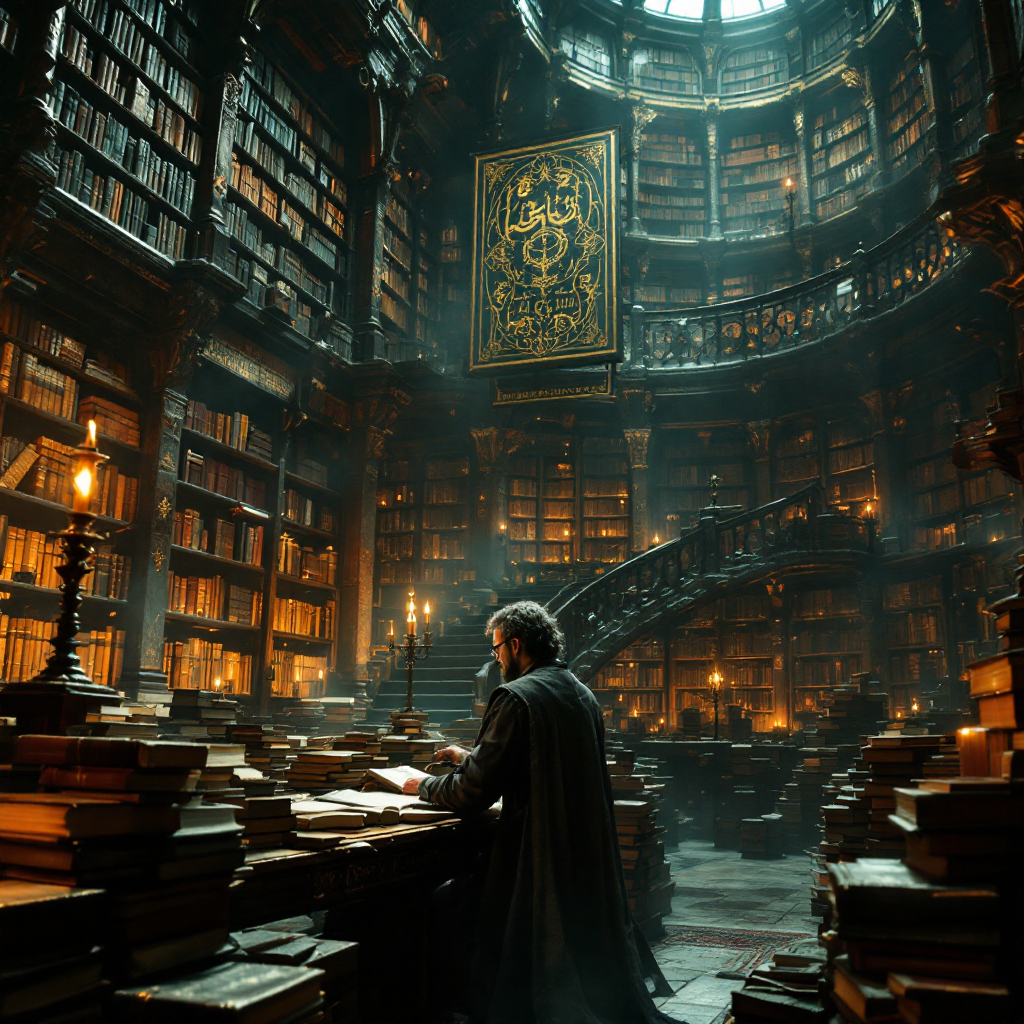 A lone scholar in a grand, dimly lit library filled with towering bookshelves, scrolls, and ancient tomes, reflects on the profound power of words as shelves shimmer with candlelight.