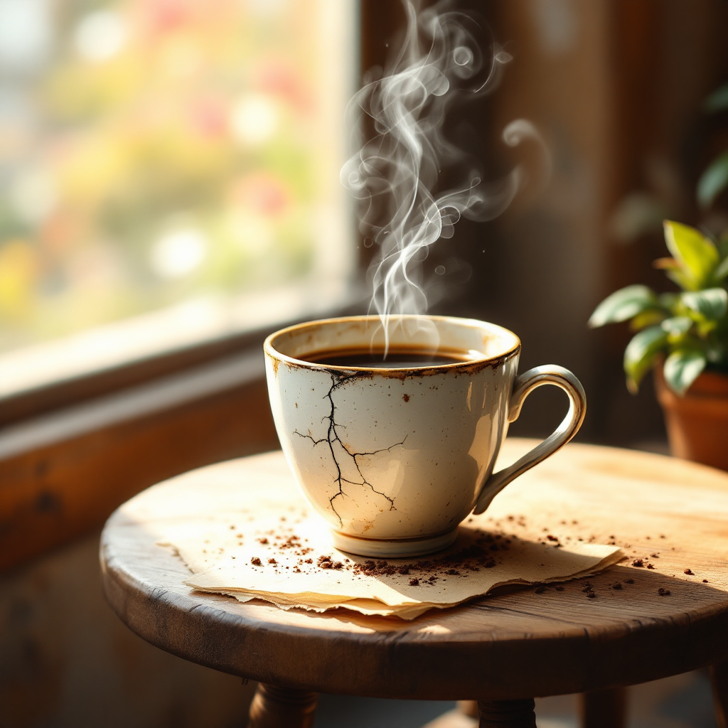 A steaming cup of coffee rests on a wooden table, surrounded by scattered coffee grounds and a soft paper, with sunlight streaming through a nearby window, capturing a moment of tranquility.