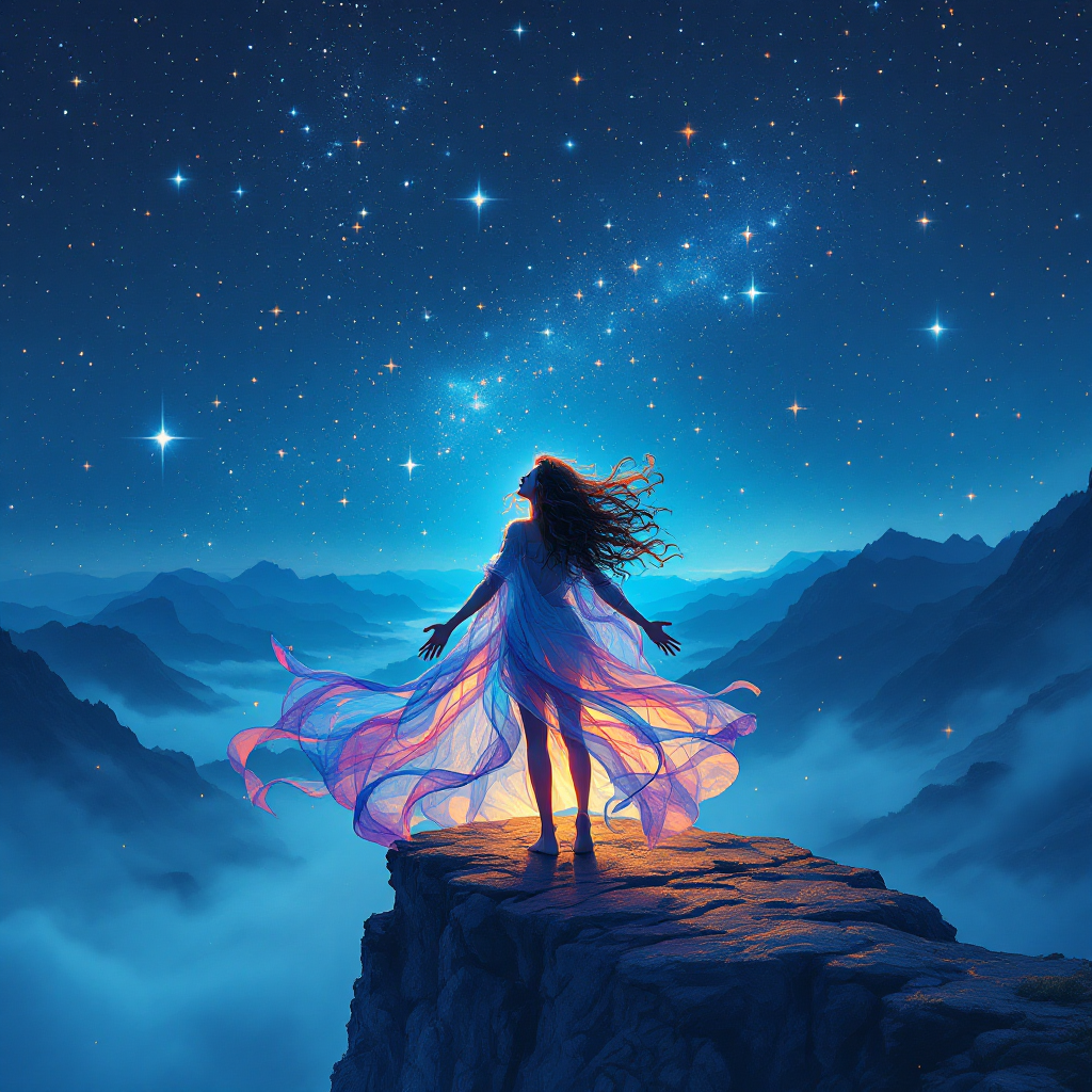 A figure in a flowing dress stands on a rocky ledge, arms outstretched toward a star-filled sky, embodying the essence of trusting instincts in the face of uncertainty.