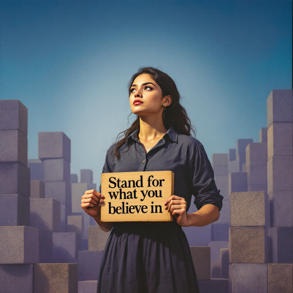 A woman stands confidently amidst a landscape of blocks, holding a sign that reads Stand for what you believe in, embodying the essence of courage and conviction.