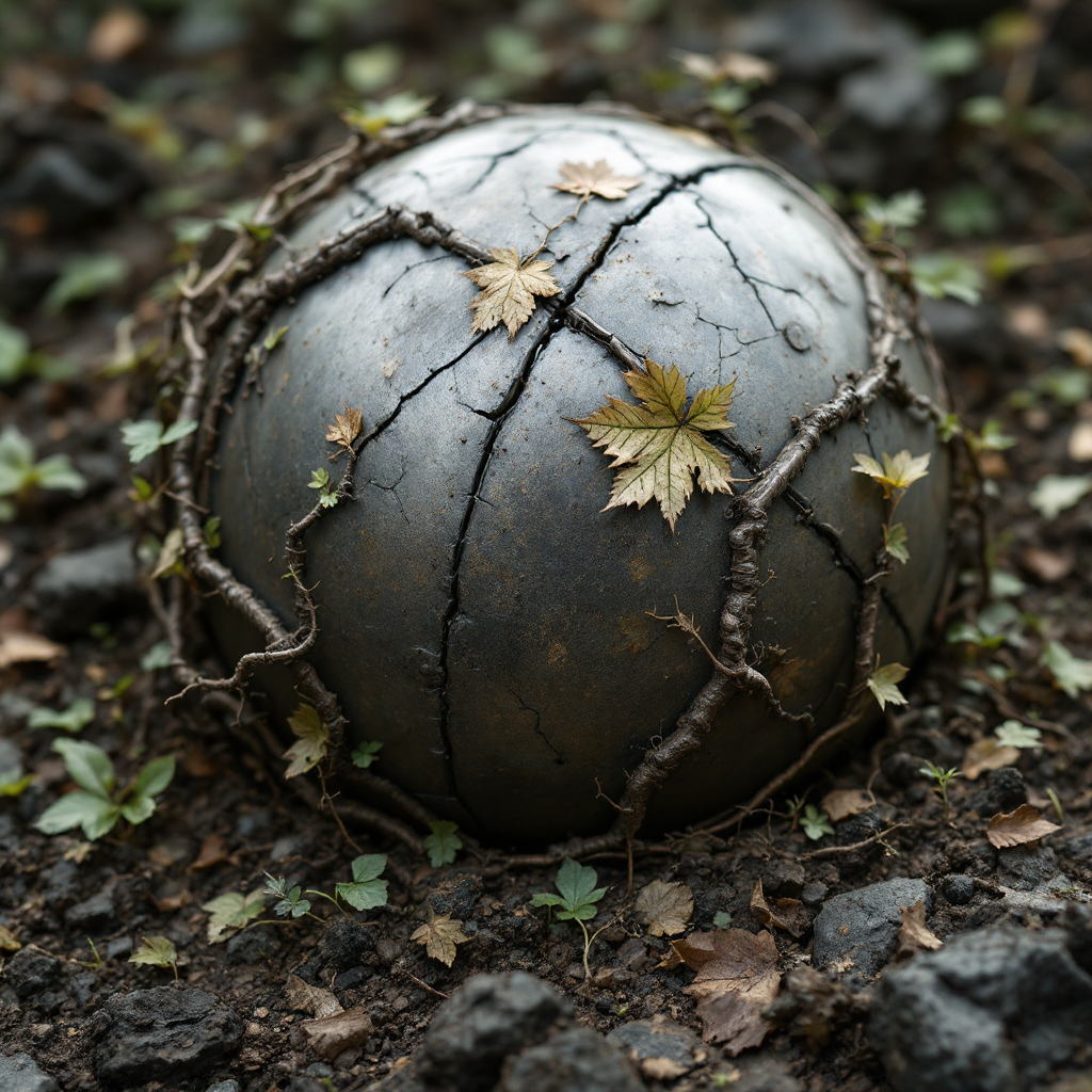 A morphing spherical steel carapace, covered in cracks and vines, with scratches fading and reappearing on its filthy, weathered surface amidst fallen leaves.