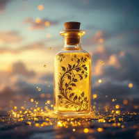 A beautifully designed glass potion bottle glows with golden light, surrounded by shimmering sparks, evoking the idea that laughter is indeed the best medicine.