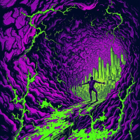 A figure stands at the center of a swirling tunnel of vibrant purple and green, symbolizing the journey of losing oneself to discover true belonging.