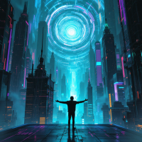 A silhouetted figure stands confidently on a rooftop, arms outstretched, overlooking a vibrant, futuristic city illuminated by swirling blue light, embodying the essence of exploration and intuition.