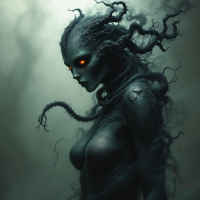 A dark figure with tendrils intertwining from her head and shoulders stands amid a misty background, embodying the struggle to connect with others. Her glowing orange eyes convey depth and longing.