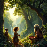 A serene forest scene features a wise elder with a basket of berries, accompanied by a child and a teenager, surrounded by lush greenery and a backdrop of cascading waterfalls.