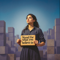 A woman stands confidently amidst a landscape of blocks, holding a sign that reads Stand for what you believe in, embodying the essence of courage and conviction.