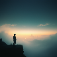 A silhouetted figure stands on a cliff overlooking a fog-covered city, embodying the idea that the greatest discoveries come from unlearning rather than merely finding.