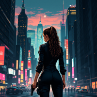 A confident figure in a sleek outfit stands in a vibrant city at dusk, holding a gun, reflecting the theme of blending strategy with improvisation in a dynamic urban landscape.