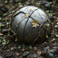 A morphing spherical steel carapace, covered in cracks and vines, with scratches fading and reappearing on its filthy, weathered surface amidst fallen leaves.