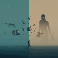 A shadowy, invisible monster looms behind a lone figure, consuming fragmented memories that float and dissolve in the air, symbolizing erased recollections.