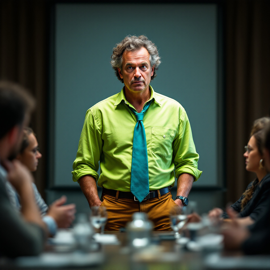 A man in a casual lime-green shirt and ochre climbing trousers stands confidently at the head of a table, surrounded by serious-looking individuals in formal attire.