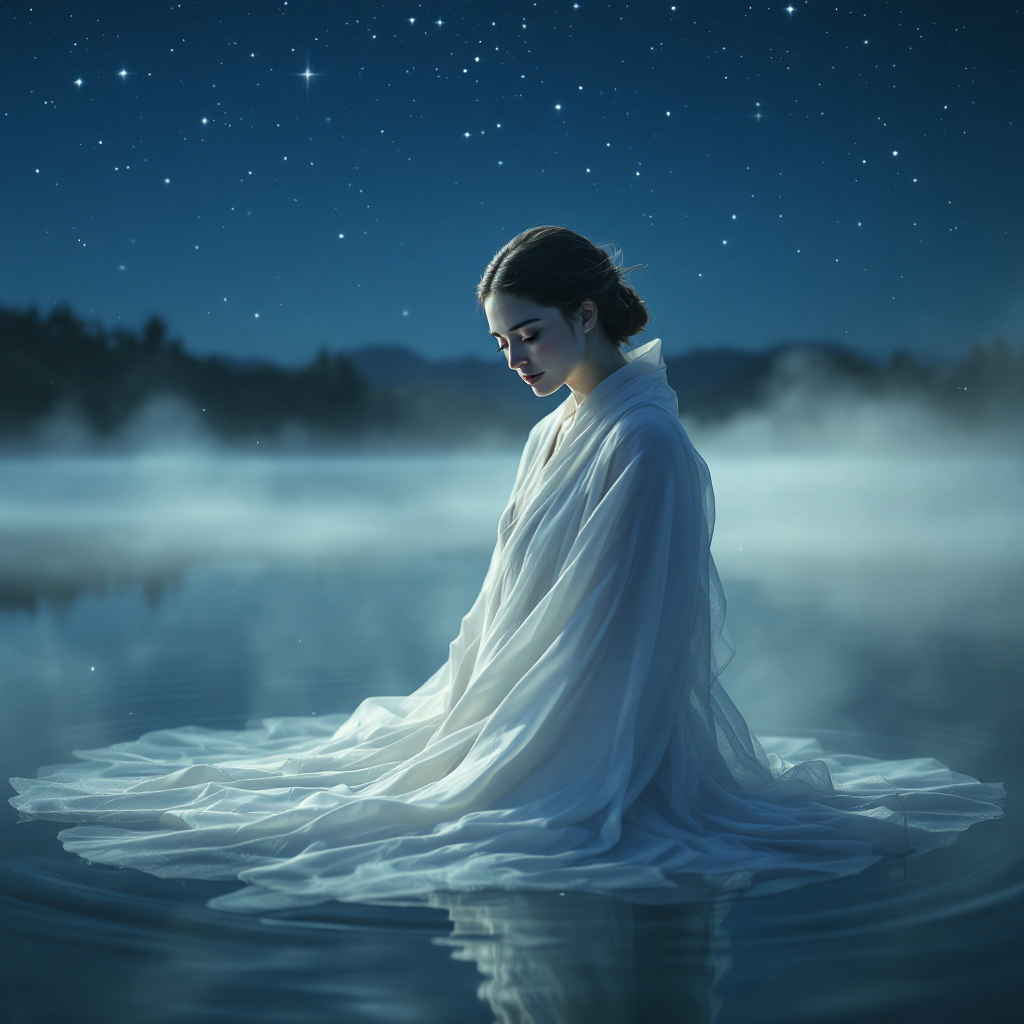 A serene figure in a flowing white garment sits on a calm, misty lake under a starry night sky, embodying tranquility and the depth of understanding pain.