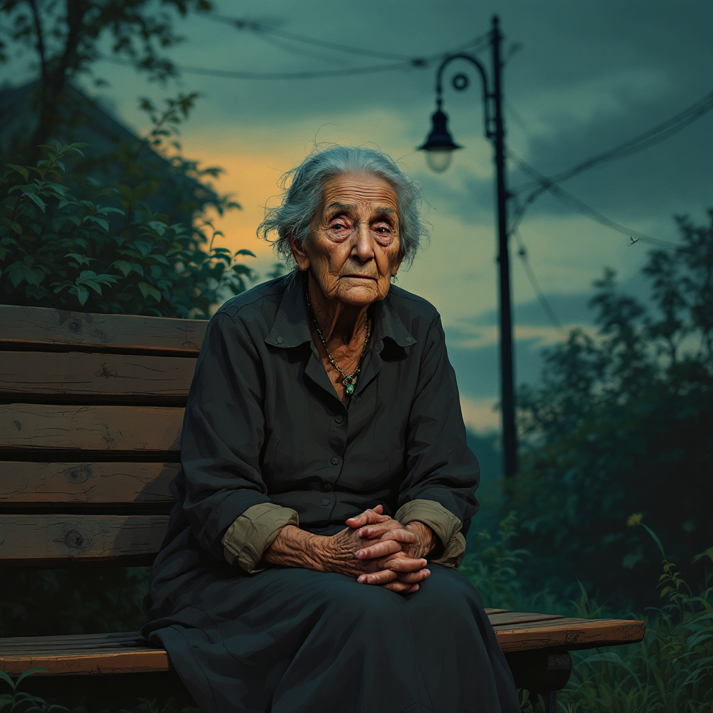 An elderly woman sits thoughtfully on a bench at dusk, surrounded by greenery, embodying the weight and complexity of aging, as dusk settles around her.