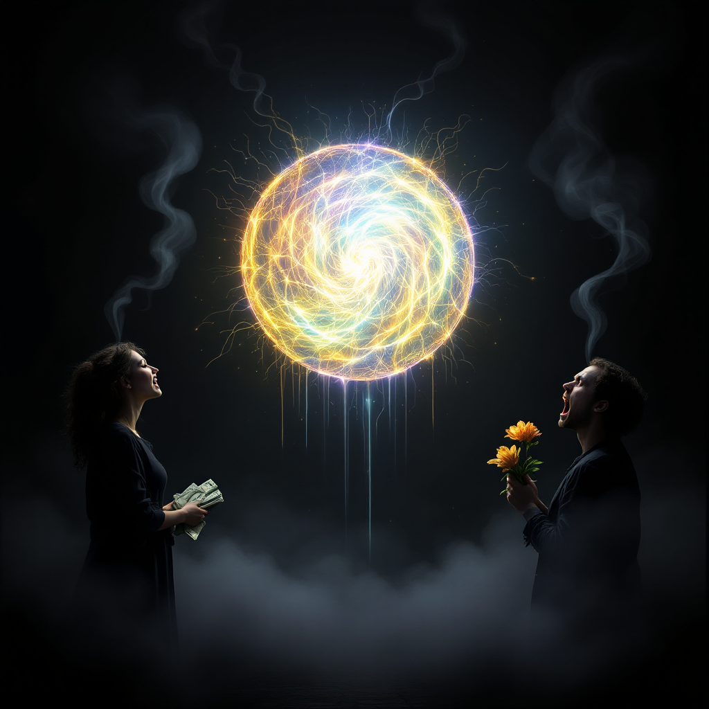 A swirling luminous orb hovers between two figures; one holds money while the other cradles flowers, embodying the tension between desire and detrimental choices.