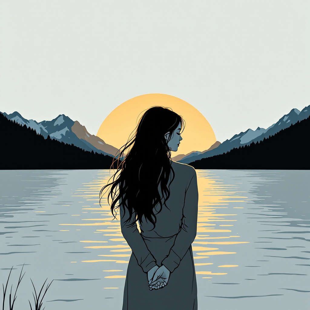 A woman stands by a tranquil lake at sunset, gazing towards mountains, embodying the essence of embracing the past while looking forward to the future.