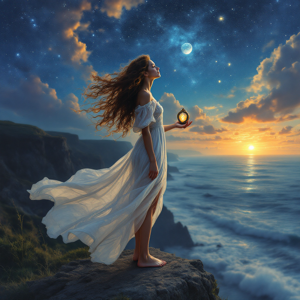 A woman in a flowing white dress stands on a cliff at sunset, holding a glowing orb, gazing into a starry sky, embodying the theme of self-love and inner light.