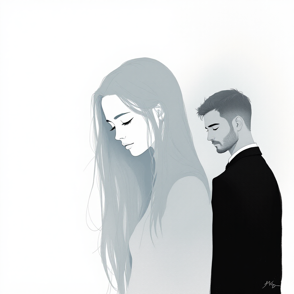 A somber illustration of a man in a suit standing apart from a woman with long hair, reflecting the complex emotions of desire and unrequited love inspired by the quote.